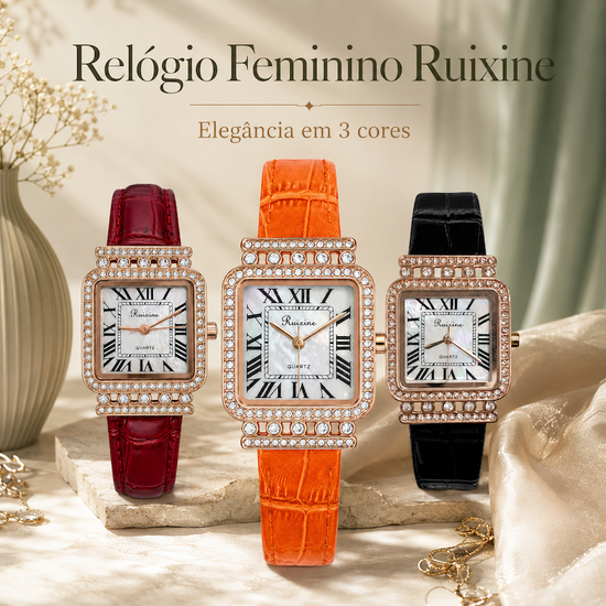 Relógio feminino com pulseira laranja e moldura dourada cravejada, visor quadrado
