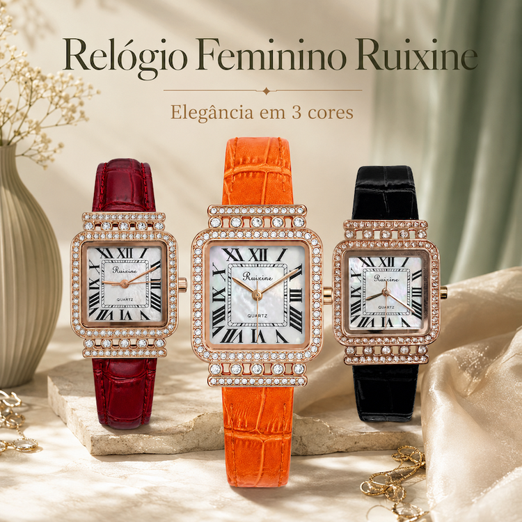 Relógio feminino com pulseira laranja e moldura dourada cravejada, visor quadrado