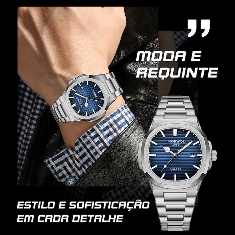 Relógio masculino prateado com mostrador azul e pulseira metálica de elos
