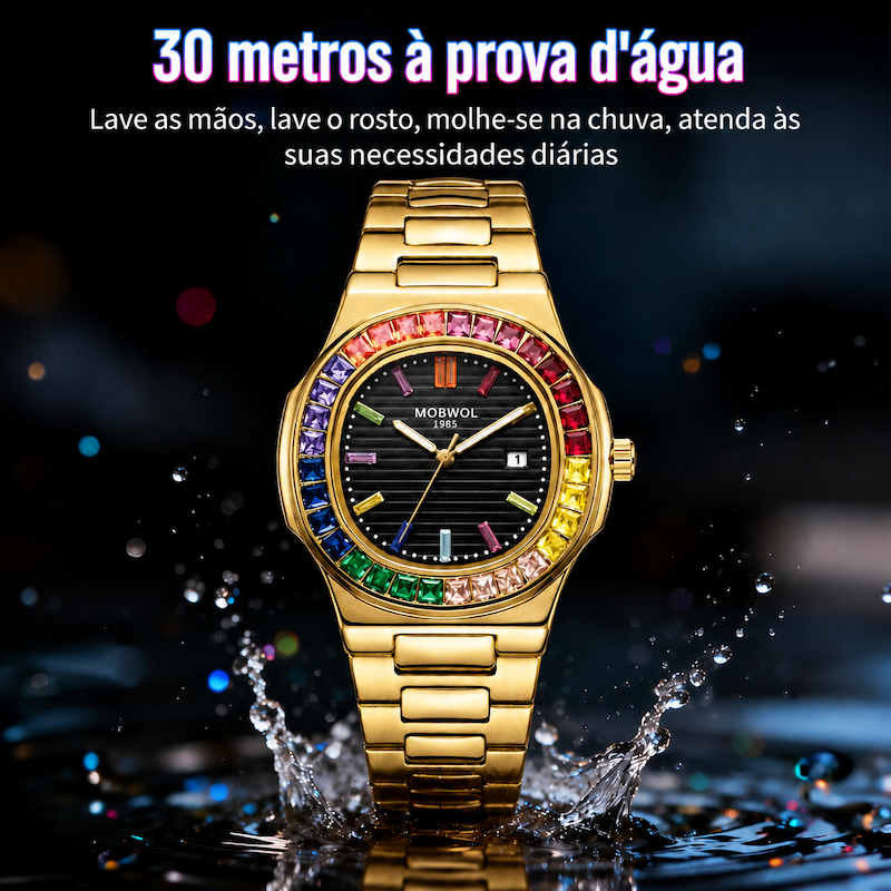 Relógio Radiância dourado com mostrador preto e aro cravejado colorido, pulseira de aço.