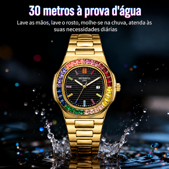 Relógio Radiância dourado com mostrador preto e aro cravejado colorido, pulseira de aço.