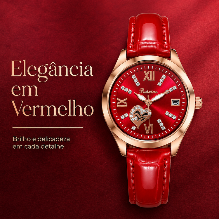 Relógio de pulso com mostrador vermelho e pulseira de couro vermelha