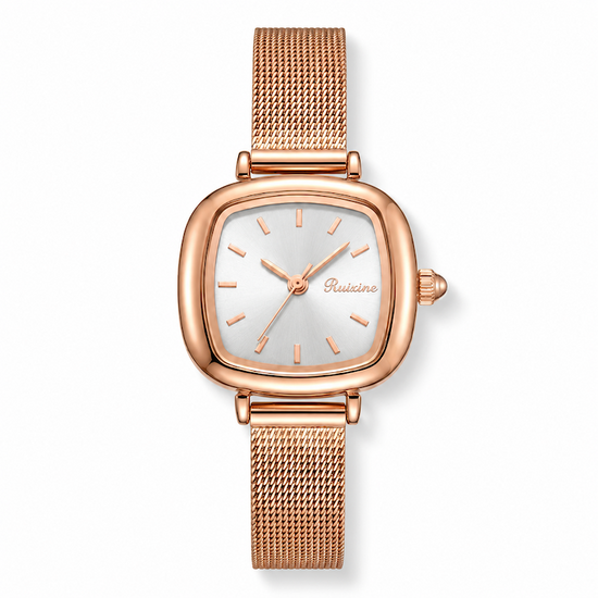 Relógio quadrado com mostrador claro e pulseira milanesa dourada rosé