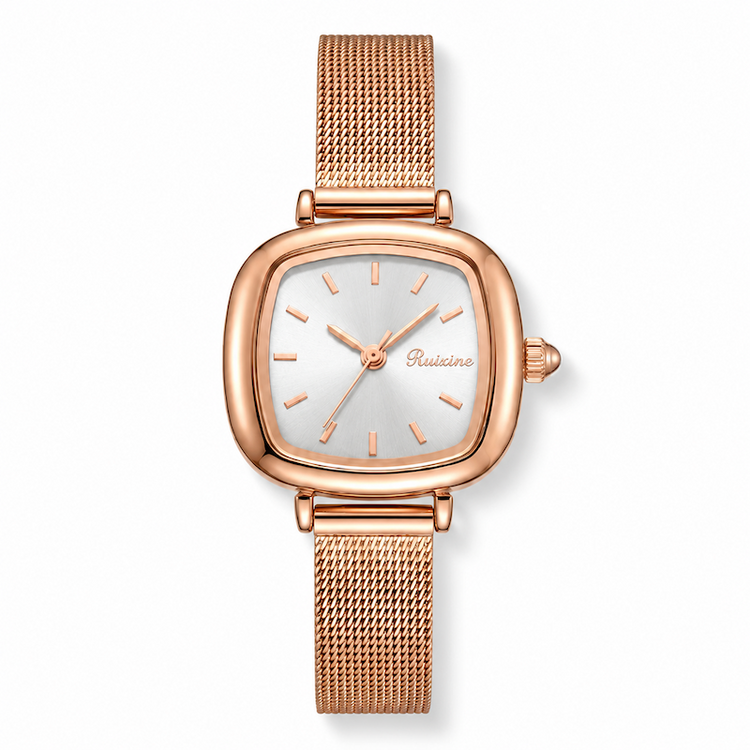 Relógio quadrado com mostrador claro e pulseira milanesa dourada rosé