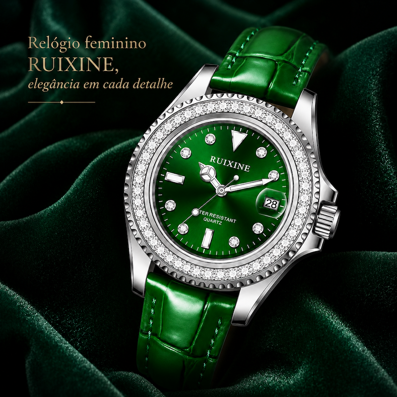 Relógio RUIXINE feminino com mostrador verde, moldura com strass e pulseira verde