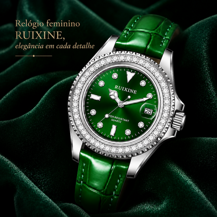 Relógio RUIXINE feminino com mostrador verde, moldura com strass e pulseira verde