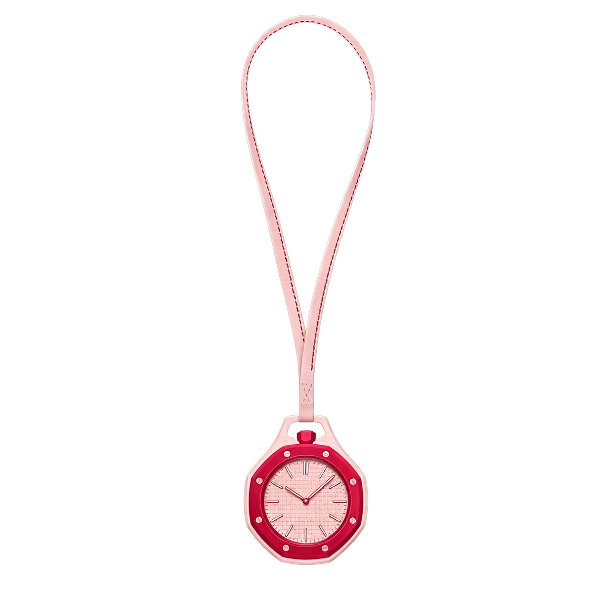 Relógio de bolso com alça: moldura rosa e mostrador vermelho.