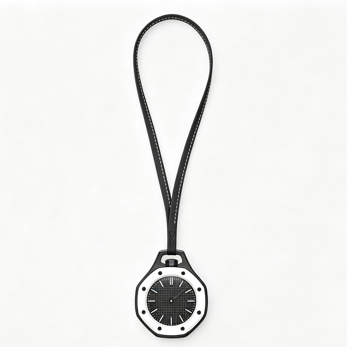Relógio de bolso com alça preta: moldura branca e mostrador preto.