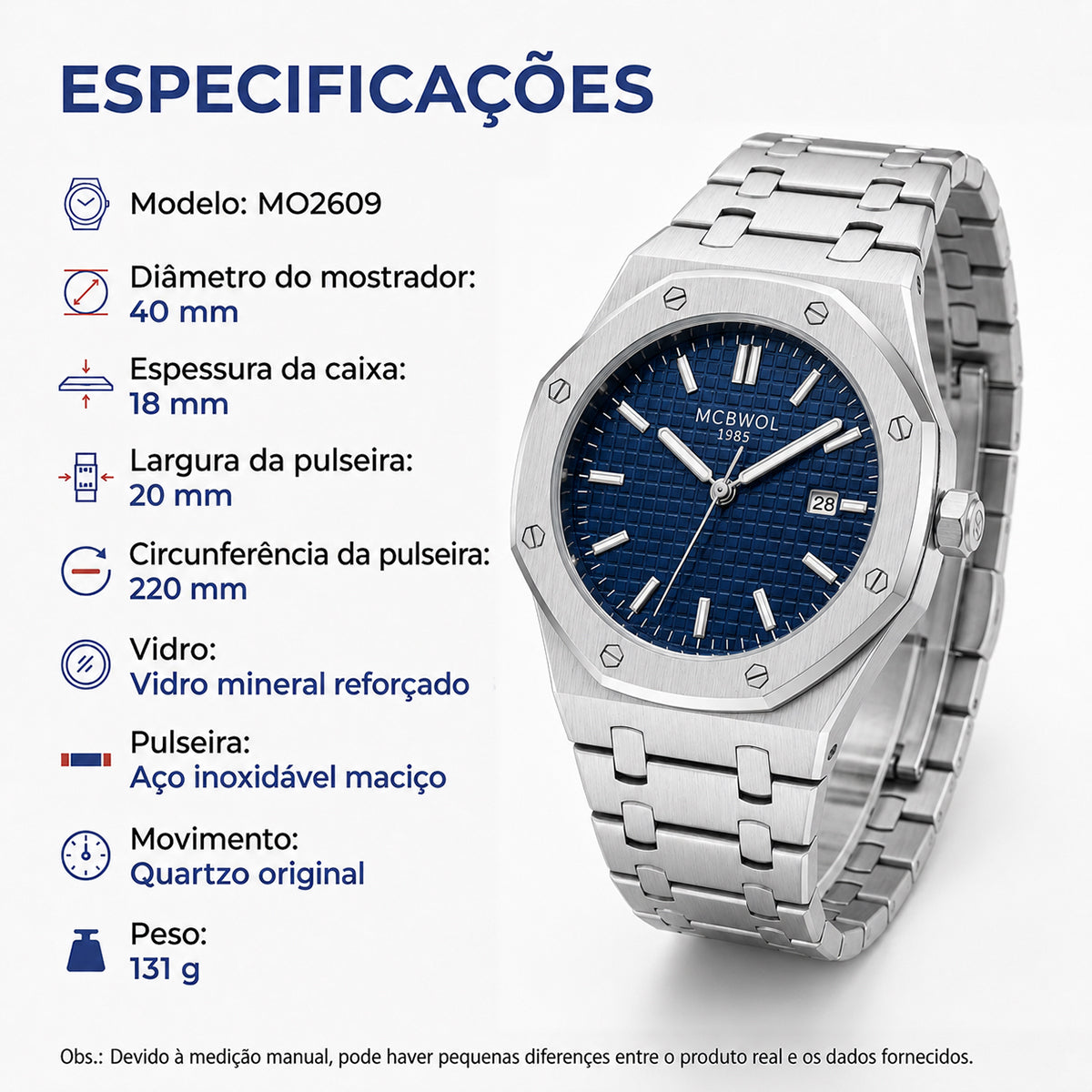 Relógio Fortaleza prateado com mostrador azul, pulseira metálica e visor mineral