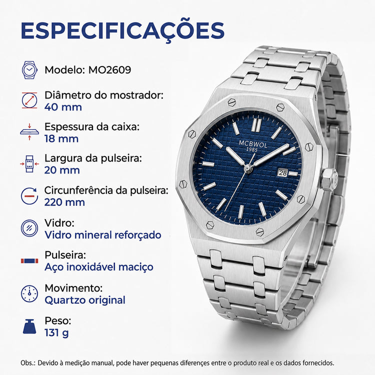 Relógio Fortaleza prateado com mostrador azul, pulseira metálica e visor mineral