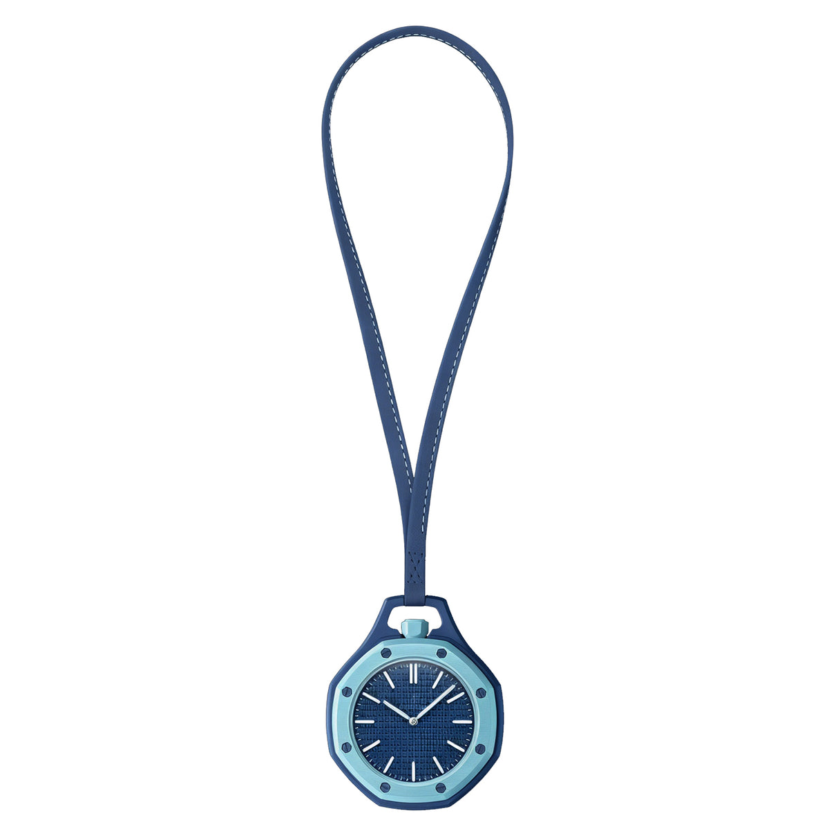 Relógio de bolso com alça: moldura azul-claro e mostrador azul-escuro.