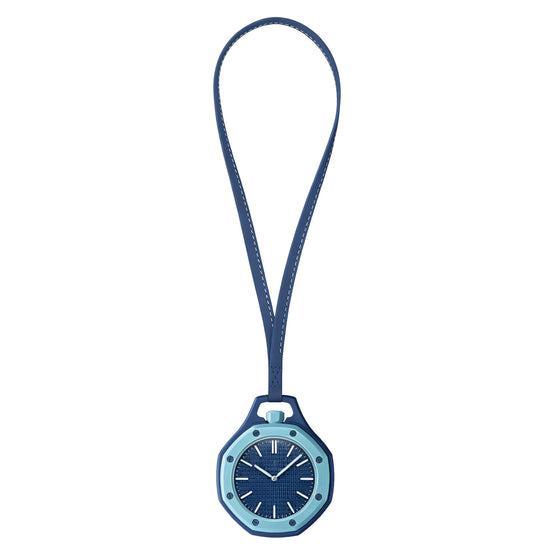 Relógio de bolso com alça: moldura azul-claro e mostrador azul-escuro.