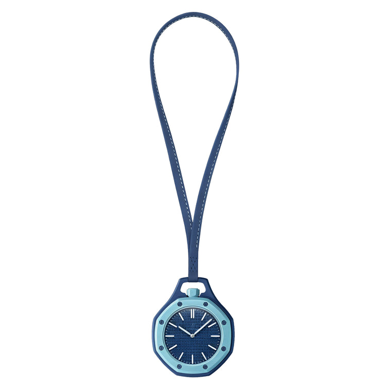 Relógio de bolso com alça: moldura azul-claro e mostrador azul-escuro.