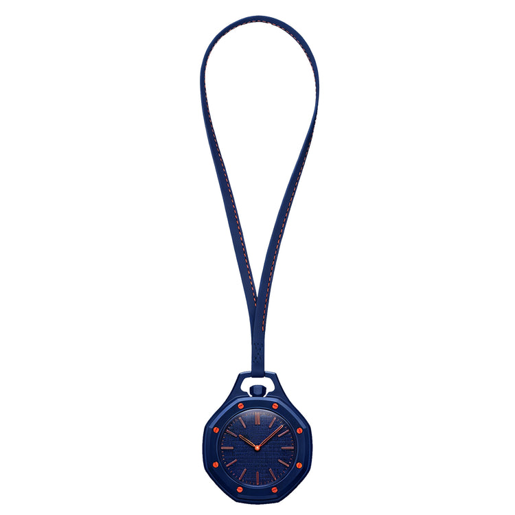 Relógio de bolso com alça: moldura azul-marinho e mostrador azul-escuro.
