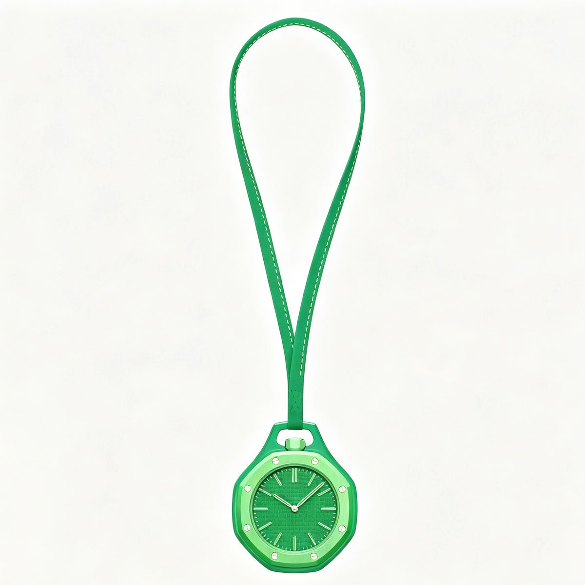 Relógio de bolso com alça verde: moldura verde e mostrador verde.