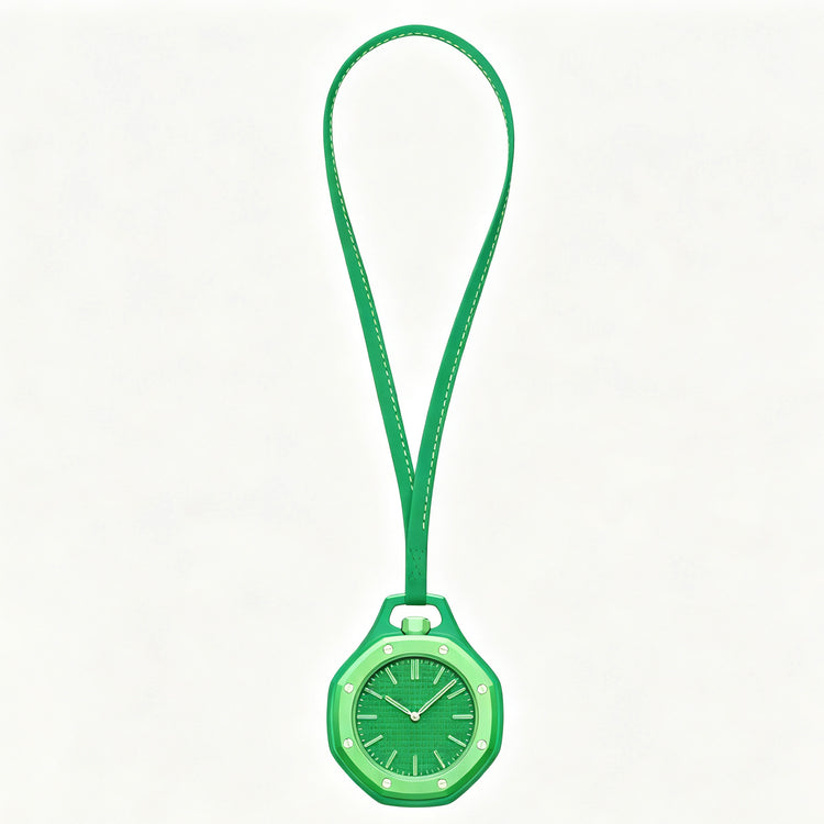 Relógio de bolso com alça verde: moldura verde e mostrador verde.