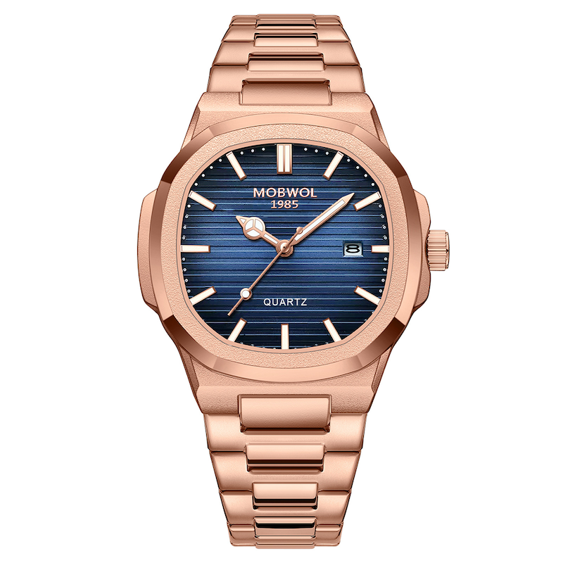 Relógio de quartzo dourado rosé com mostrador azul e pulseira metálica