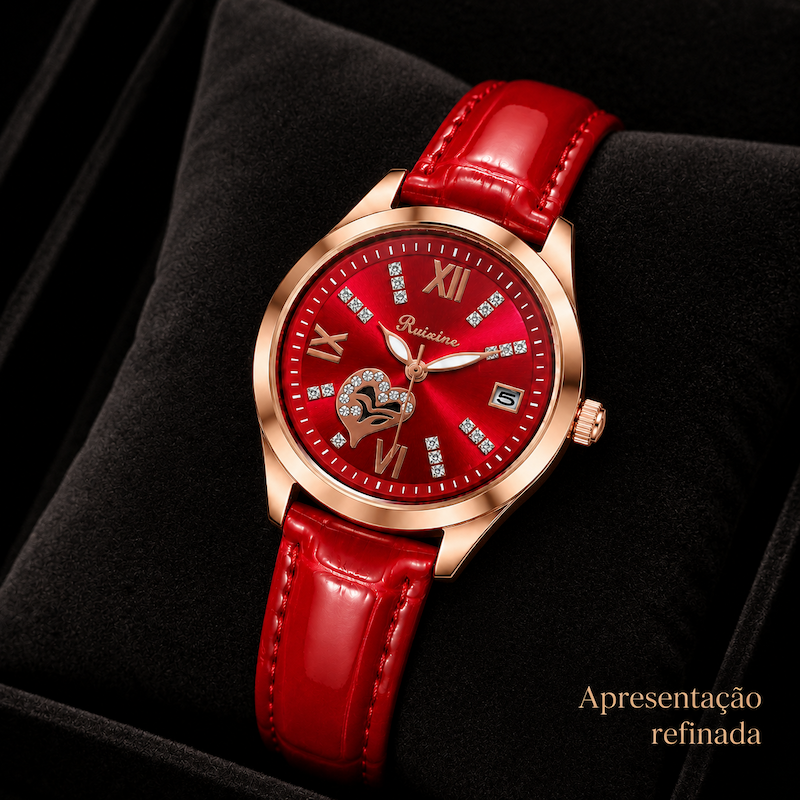 Relógio com mostrador vermelho e pulseira de couro vermelha em ângulo