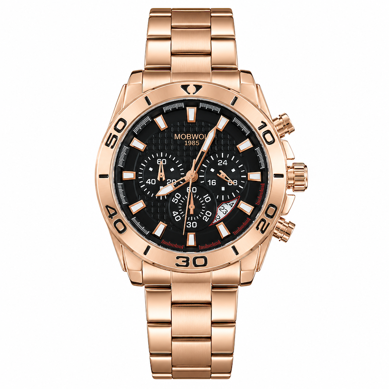 Relógio de pulso dourado rosé, mostrador preto e detalhes laranja, pulseira metálica