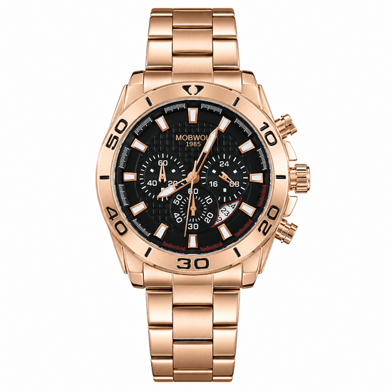 Relógio de pulso dourado rosé, mostrador preto e detalhes laranja, pulseira metálica