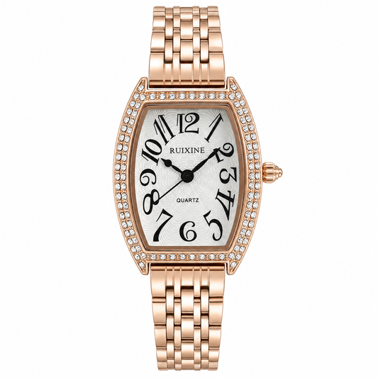 Relógio feminino rosé com mostrador preto e moldura cravejada, ponteiro central