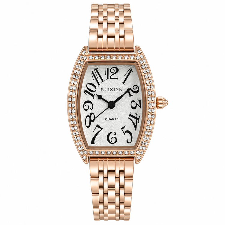 Relógio feminino rosé com mostrador preto e moldura cravejada, ponteiro central