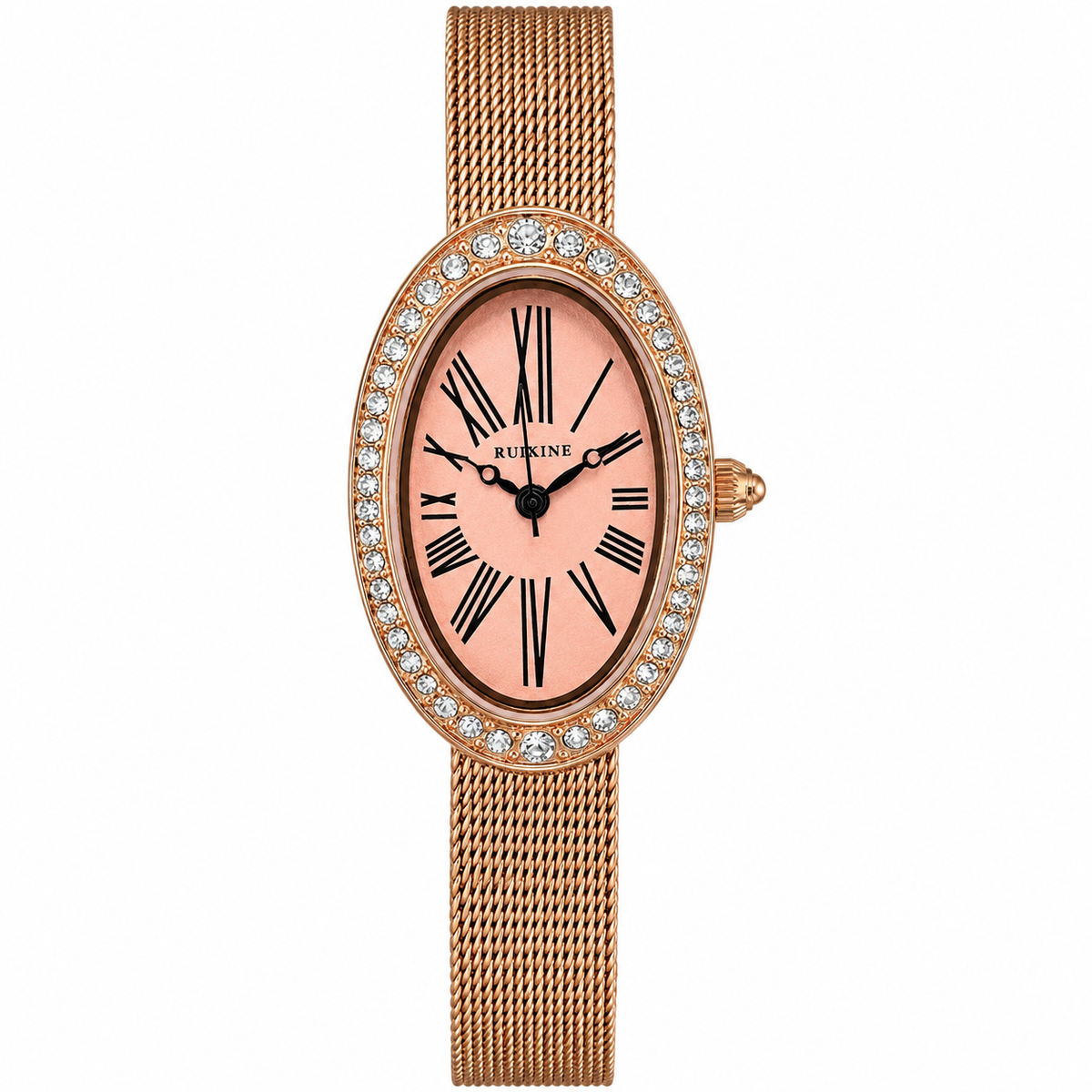 Relógio oval dourado rosé com pulseira de malha, aro brilhante e mostrador rosa