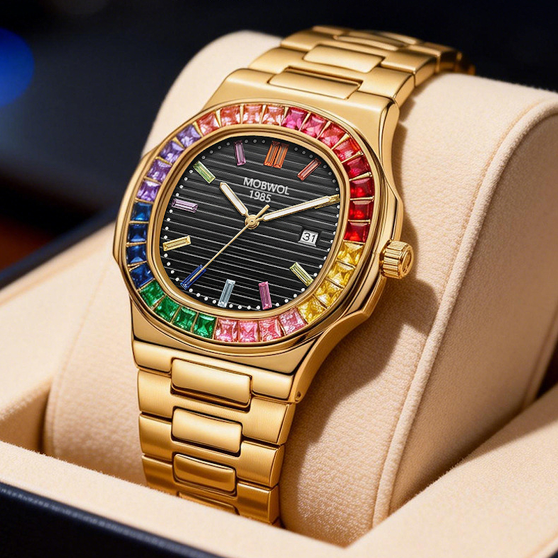 Relógio dourado com mostrador preto listrado e aro multicolorido, pulseira metálica.