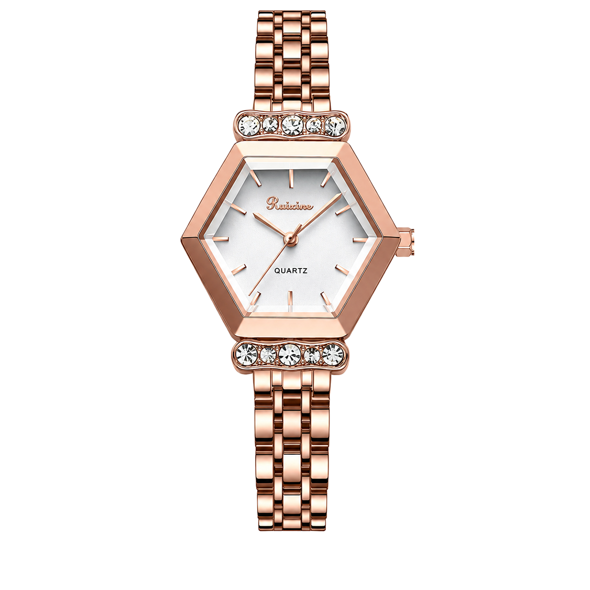 Relógio de pulso rosé, mostrador branco, pulseira metálica e aro com detalhes brilhantes
