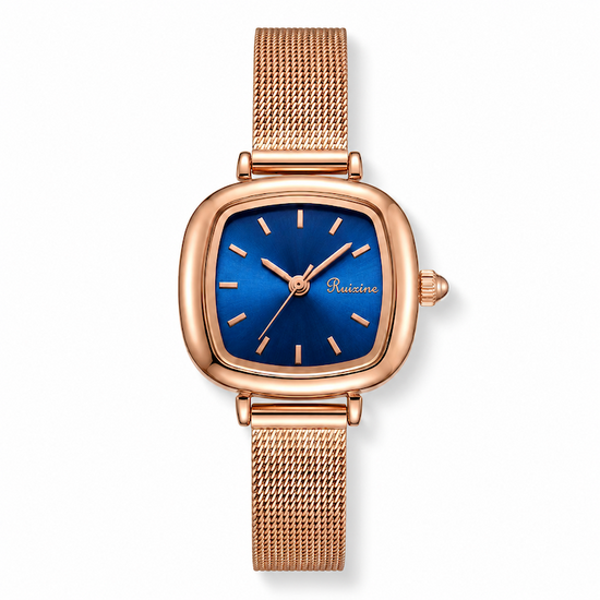 Relógio quadrado com pulseira de malha dourada e mostrador azul