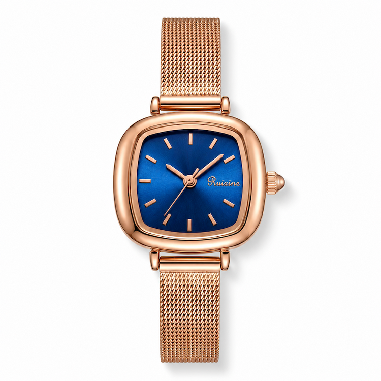 Relógio quadrado com pulseira de malha dourada e mostrador azul