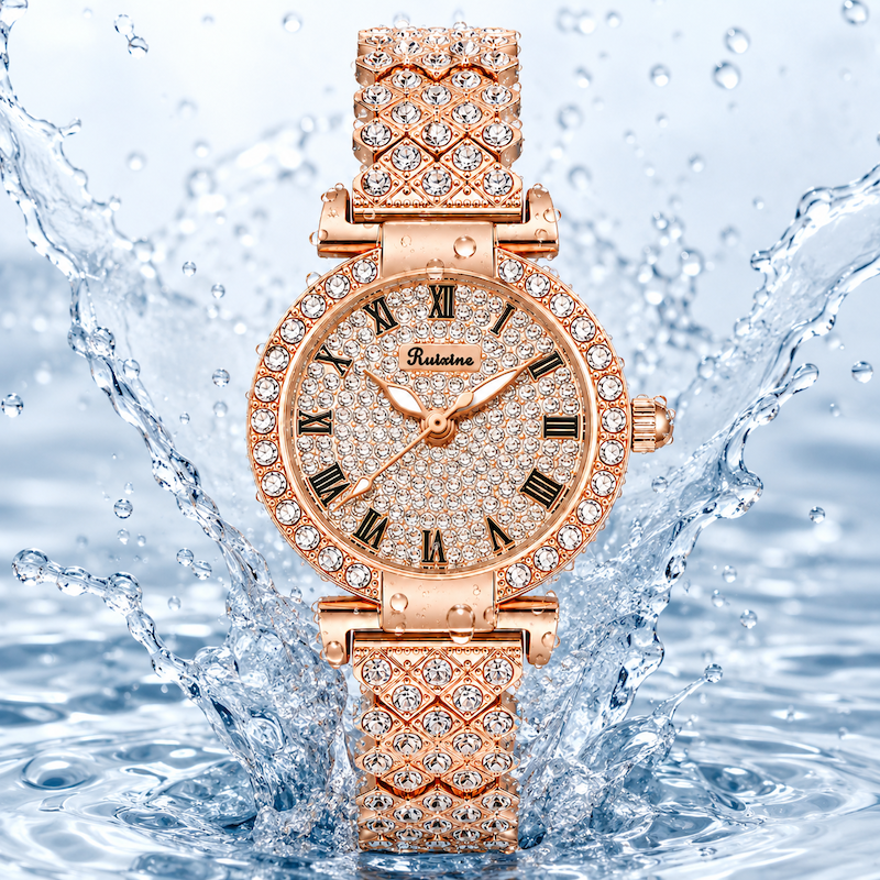 Relógio feminino rosé com pulseira cravejada e mostrador circular rodeado por cristais