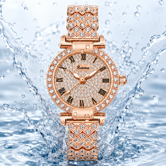 Relógio feminino rosé com pulseira cravejada e mostrador circular rodeado por cristais