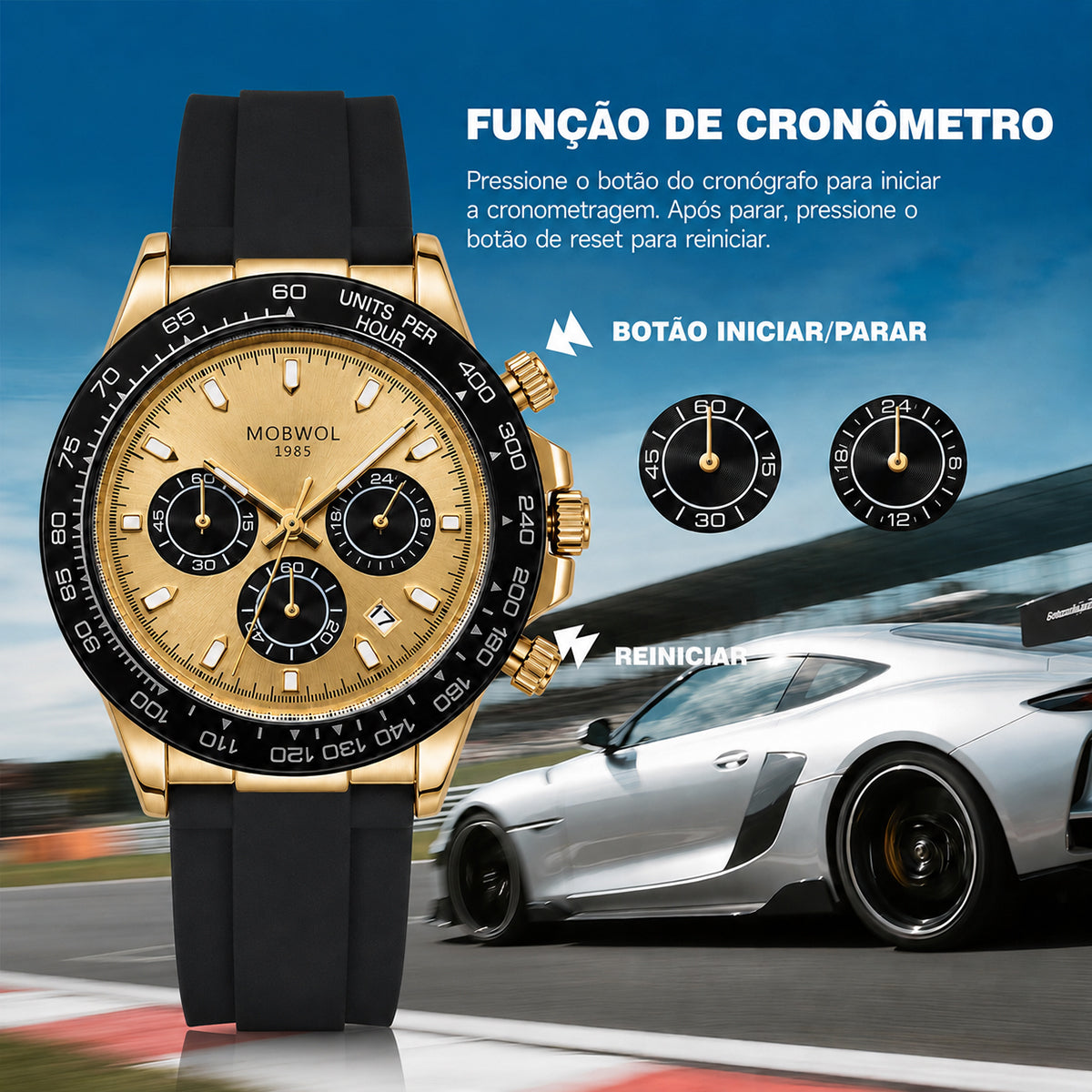 Relógio cronógrafo com caixa dourada, mostrador bege e pulseira de silicone preta