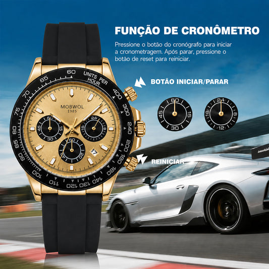 Relógio cronógrafo com caixa dourada, mostrador bege e pulseira de silicone preta