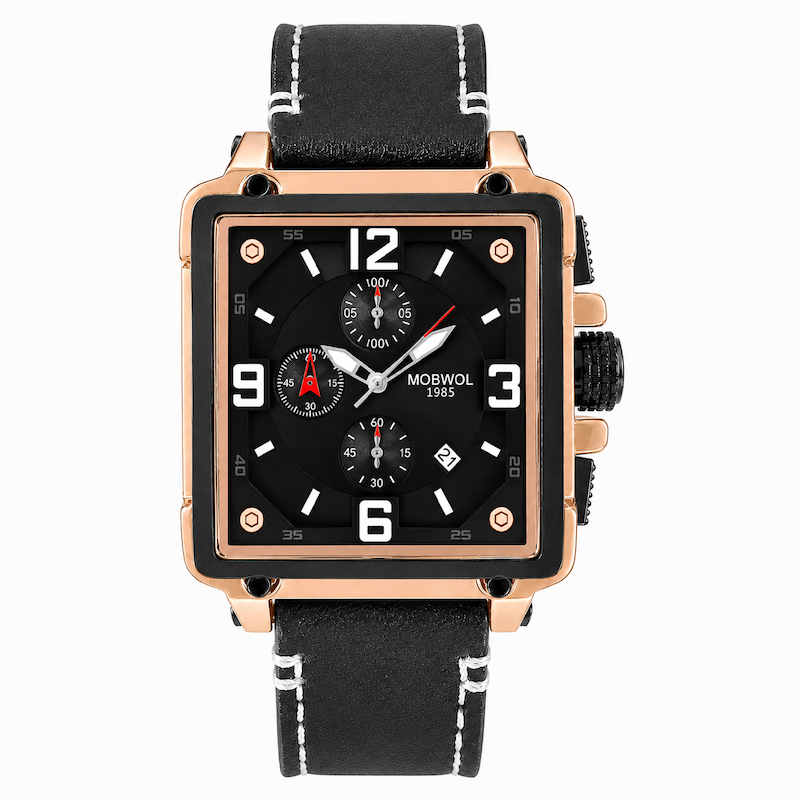Relógio com caixa dourado-rosé, mostrador preto e pulseira de couro preta
