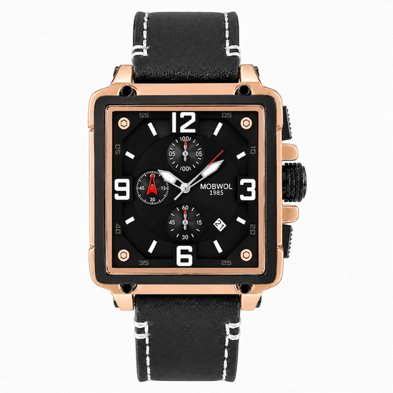 Relógio com caixa dourado-rosé, mostrador preto e pulseira de couro preta
