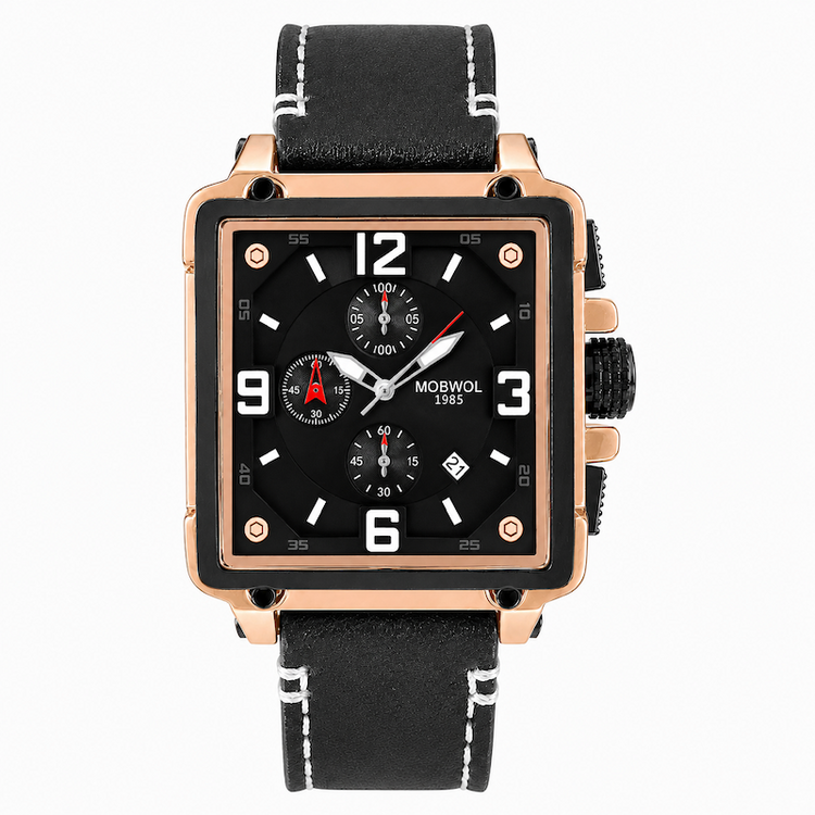 Relógio com caixa dourado-rosé, mostrador preto e pulseira de couro preta