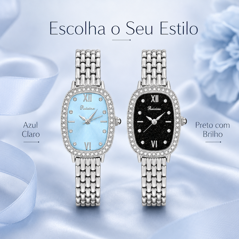 Relógios femininos prateados com mostradores azul claro e preto e detalhes de strass