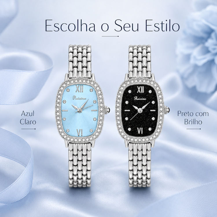 Relógios femininos prateados com mostradores azul claro e preto e detalhes de strass