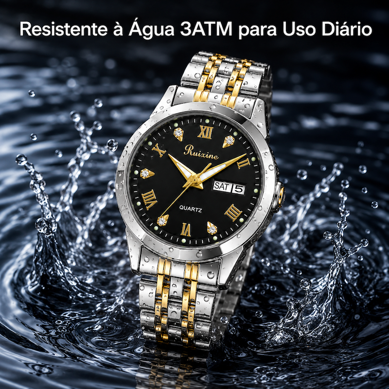 Relógio analógico com mostrador preto, pulseira metálica bicolor prateada e dourada.