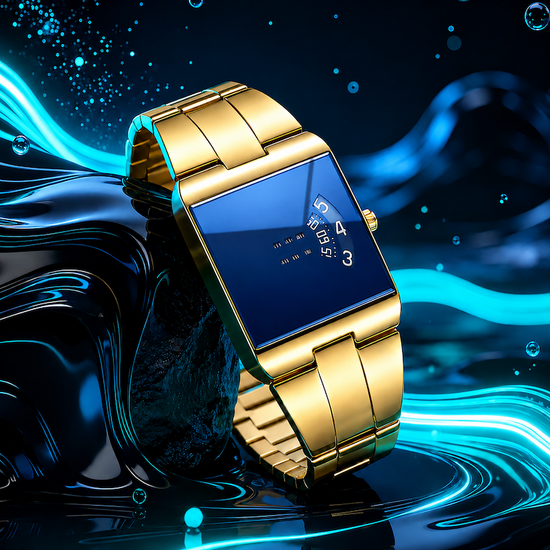 Relógio dourado com mostrador azul retangular e pulseira de elos metálicos