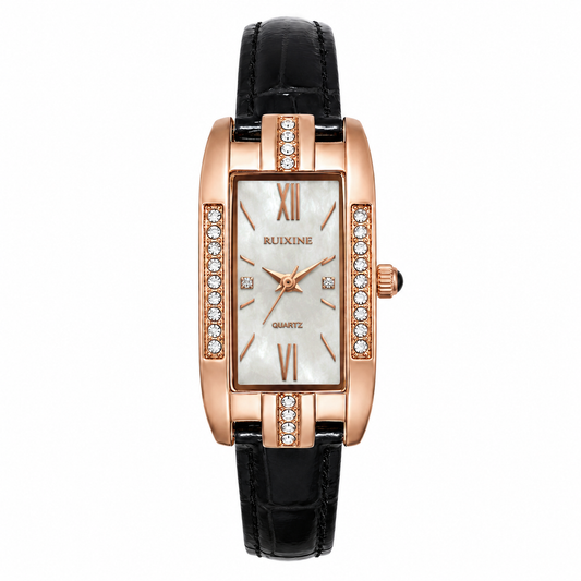 Relógio feminino retangular rose gold com pulseira de couro preta e mostrador branco de quartzo