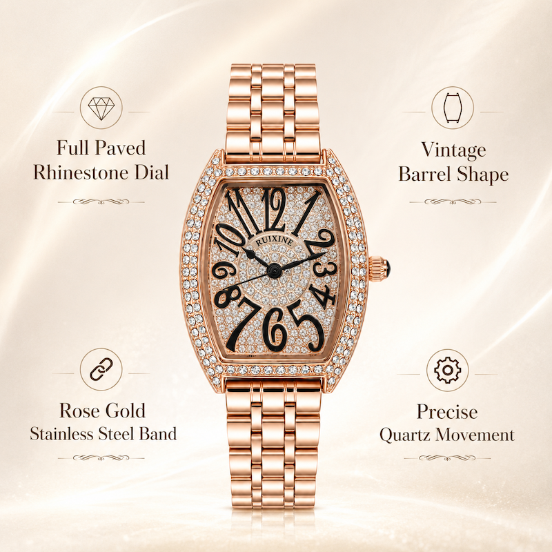 Relógio rosé de formato barrel, mostrador preto cravejado e pulseira metálica