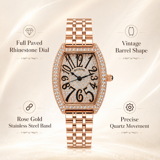 Relógio rosé de formato barrel, mostrador preto cravejado e pulseira metálica