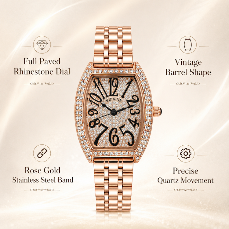 Relógio rosé de formato barrel, mostrador preto cravejado e pulseira metálica
