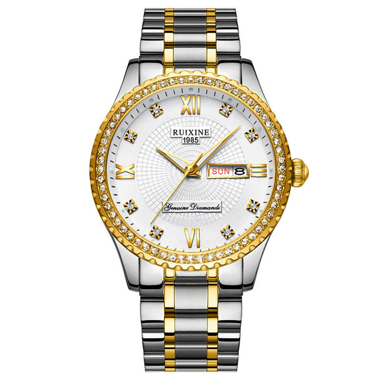 Relógio masculino bicolor com mostrador branco e pulseira de aço listrada dourado