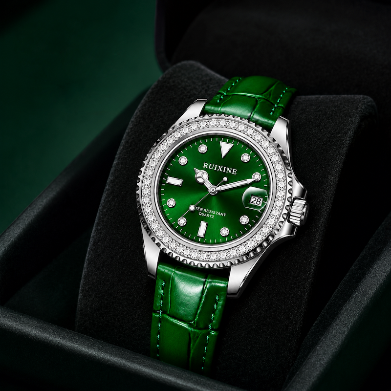 Relógio RUIXINE com mostrador verde e moldura brilhante, pulseira verde em apoio