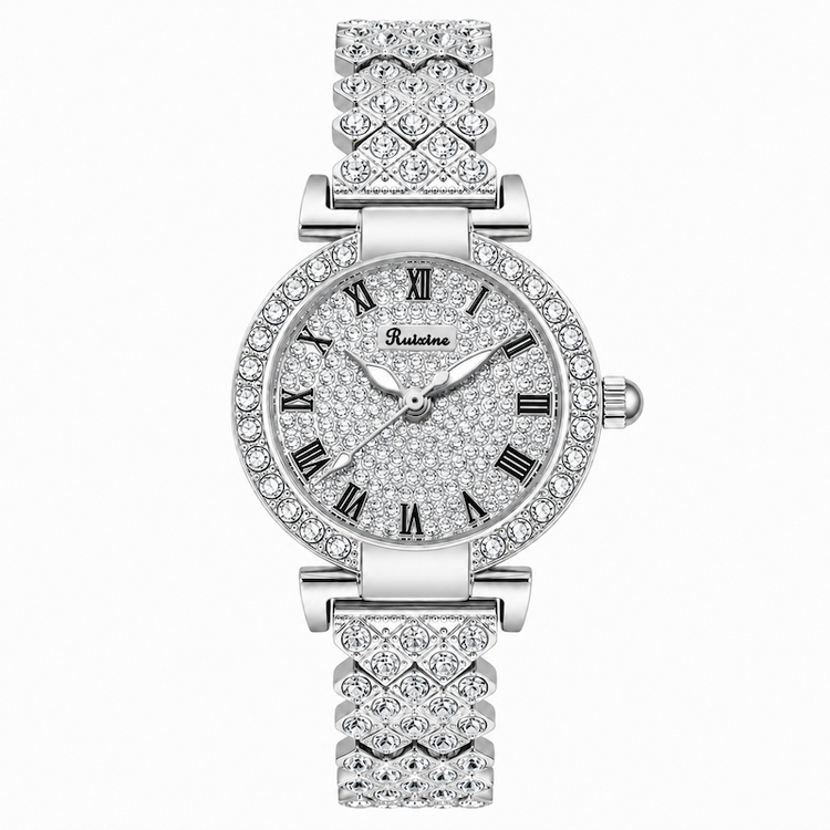 Relógio feminino prateado com pulseira cravejada e mostrador circular com cristais