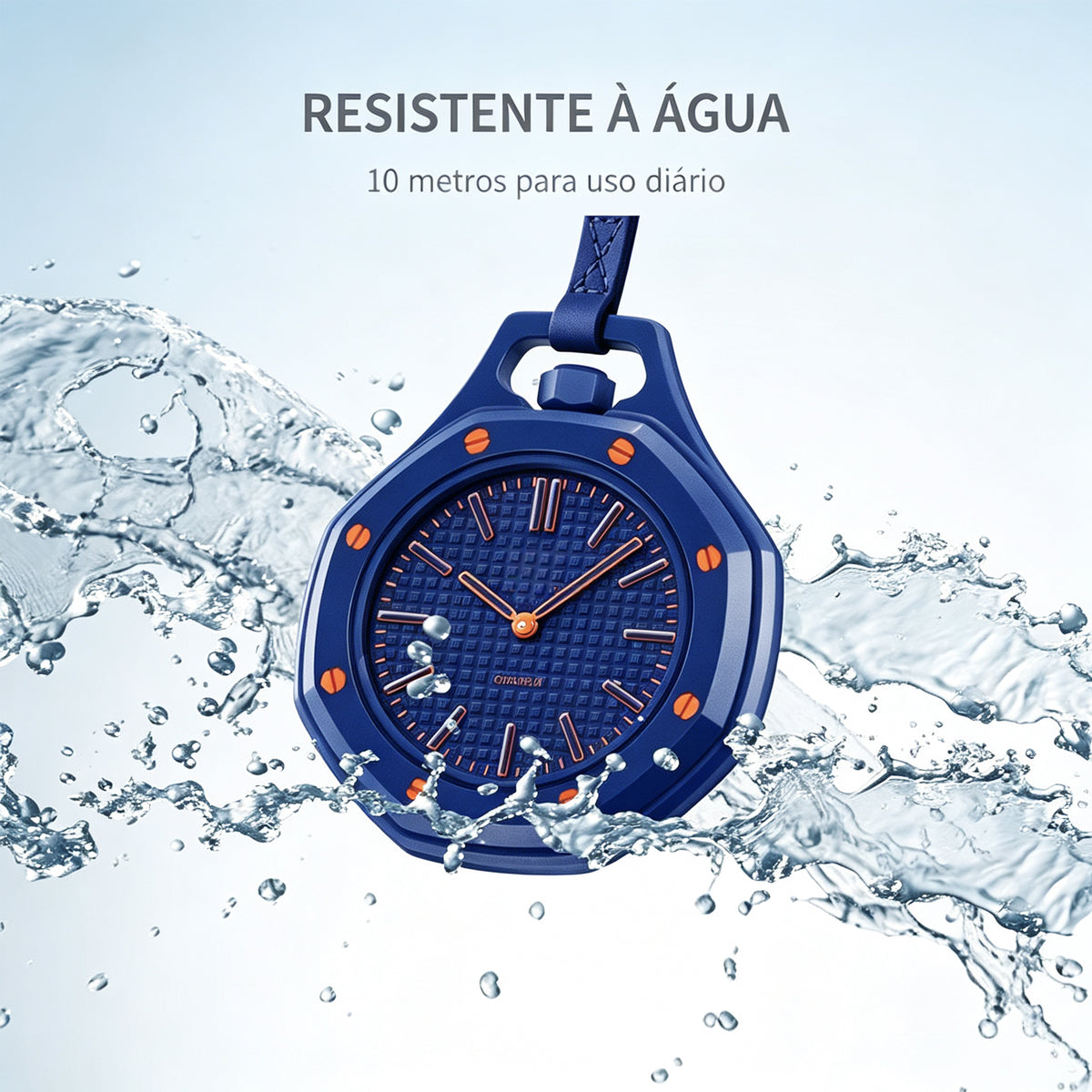 Bolso em formato de relógio azul com mostrador azul e alça presa por presilhas.